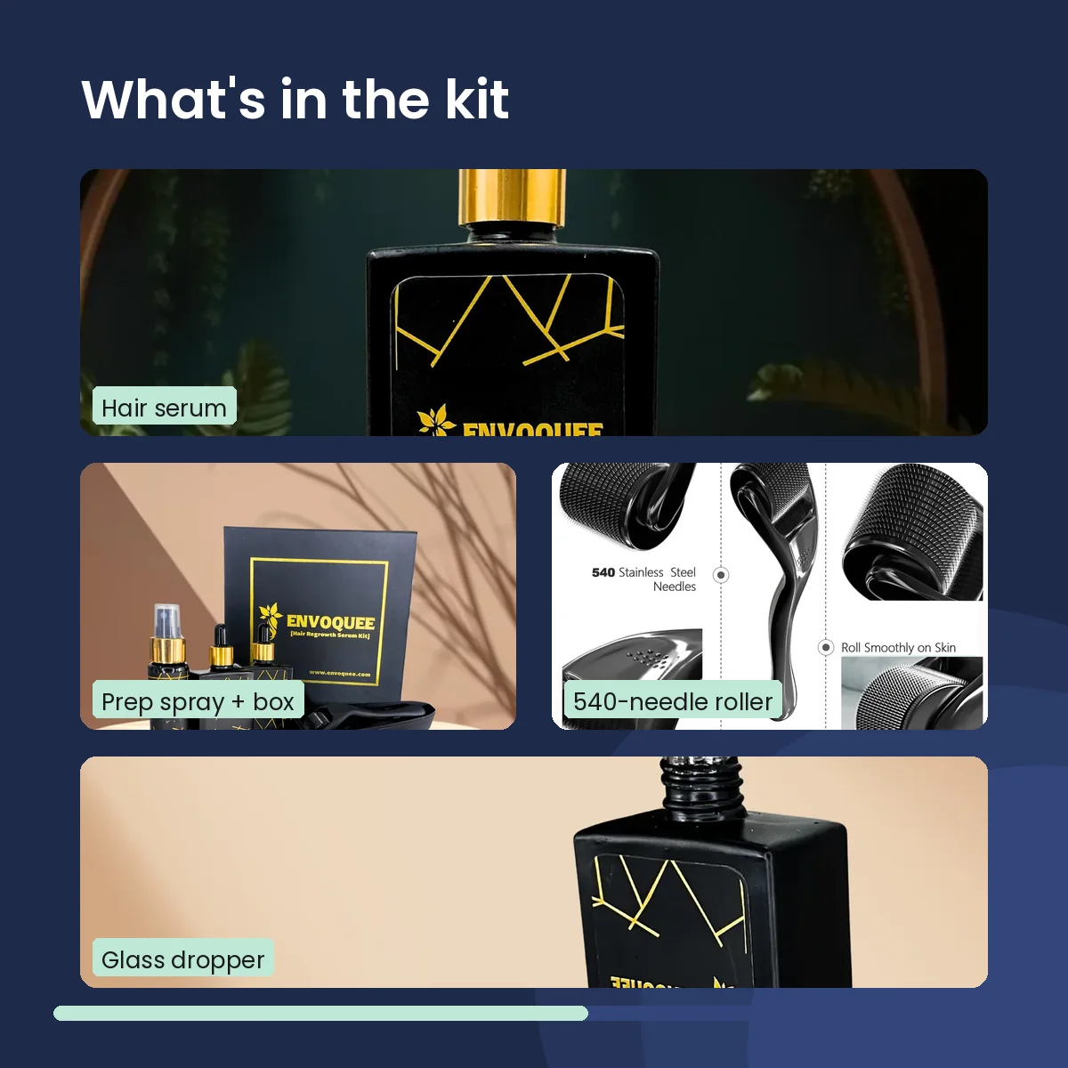 What's in the kit: hair serum dropper bottle, prep spray with gift box, 540-needle derma roller and glass dropper